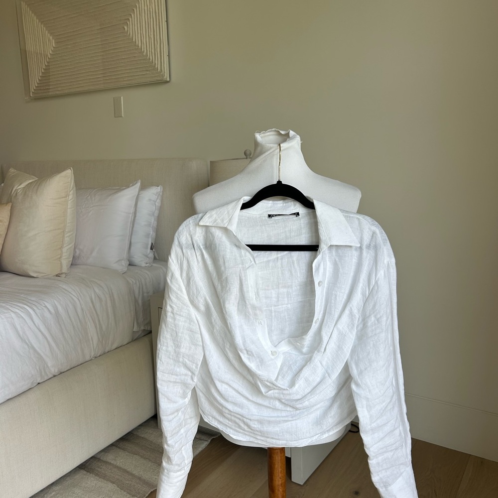 Zara White Draped Long Sleeve Button Down Top